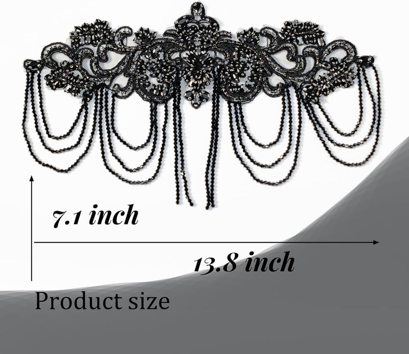 amusediy Black Beaded Rhinestones Applique Embellishment for Clothes,Epaulettes Shoulder Patches Sew-on Diamond Sequin Applique for Wedding Dress DIY Accessories Belt Waist Decoration - Image 2